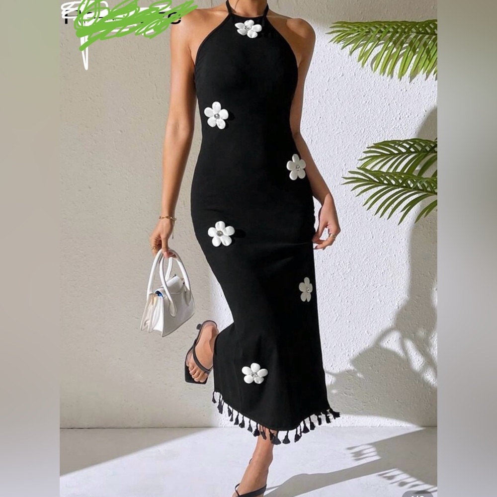 Black Midi Dress with Floral Accents
